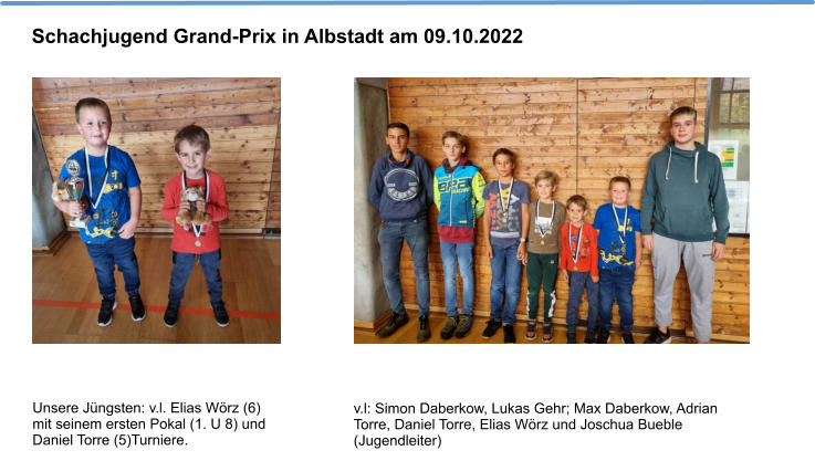 Schachjugend Grand-Prix in Albstadt am 09.10.2022   Unsere Jüngsten: v.l. Elias Wörz (6) mit seinem ersten Pokal (1. U 8) und Daniel Torre (5)Turniere. v.l: Simon Daberkow, Lukas Gehr; Max Daberkow, Adrian Torre, Daniel Torre, Elias Wörz und Joschua Bueble (Jugendleiter)