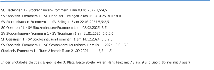 SC Hechingen 1 - Stockenhausen-Frommern 1 am 03.05.2025 3,5:4,5 SV Stockenh.-Frommern 1 - SG Donautal Tuttlingen 2 am 05.04.2025  4,0 : 4,0 SV Stockenhausen-Frommern 1 - SV Balingen 3 am 22.03.2025 5,5:2,5 SC Oberndorf 1 - SV Stockenhausen-Frommern 1 am 08.02.2025  3:5 SV Stockenhausen-Frommern 1 - SV Trossingen 1 am 11.01.2025  5,0:3,0 SF Geislingen 1 - SV Stockenhausen-Frommern 1 am 14.12.2024  5,5:2,5 SV Stockenh.-Frommern 1 - SG Schramberg-Lauterbach 1 am 09.11.2024   3,0 : 5,0 Stockenh.-Frommern I  - Turm Albstadt II am 21.09.2024	6,5 : 1,5  In der Endtabelle bleibt als Ergebnis der 3. Platz. Beste Spieler waren Hans Feist mit 7,5 aus 9 und Georg Söllner mit 7 aus 9.