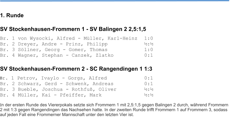 1. Runde SV Stockenhausen-Frommern 1 - SV Balingen 2 2,5:1,5 Br. 1 von Wysocki, Alfred - Müller, Karl-Heinz	 1:0 Br. 2 Dreyer, Andre - Prinz, Philipp			 ½:½ Br. 3 Söllner, Georg - Gomer, Thomas			 1:0 Br. 4 Wagner, Stephan - Canzek, Zlatko			 0:1  SV Stockenhausen-Frommern 2 - SC Rangendingen 1 1:3 Br. 1 Petrov, Ivaylo - Gorgs, Alfred			 0:1 Br. 2 Schwarz, Gerd - Schwenk, Andreas			 0:1 Br. 3 Bueble, Joschua - Rothfuß, Oliver			 ½:½ Br. 4 Müller, Kai - Pfeiffer, Mark				 ½:½  In der ersten Runde des Viererpokals setzte sich Frommern 1 mit 2,5:1,5 gegen Balingen 2 durch, während Frommern 2 mit 1:3 gegen Rangendingen das Nachsehen hatte. In der zweiten Runde trifft Frommern 1 auf Frommern 3, sodass auf jeden Fall eine Frommerner Mannschaft unter den letzten Vier ist.